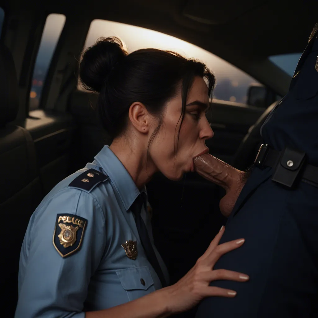 Night, deepthroat blowjob, clothed sex, in front of police car. mature_female police officer, black hair in loose bun, wearing a police uniform, dark uniform pants, and black work boots, kneeling, blowing a man with his hands handcuffed behind him. she pushes him aggressively against the car. Backlit, photorealistic, sharp focus.