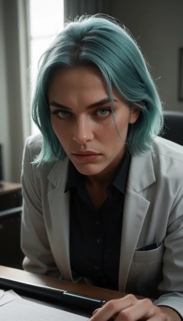 professional photo, high detail, 1boy, aqua hair, office wear, bent over, dramatic lighting, film photography