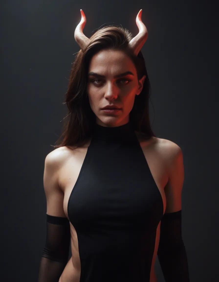 cinematic photo, 8k, succubus, detached sleeves, presenting, neon glow, dslr quality, score_9, score_8, candid photo, realistic skin texture, visible skin pores, film grain, depth of field