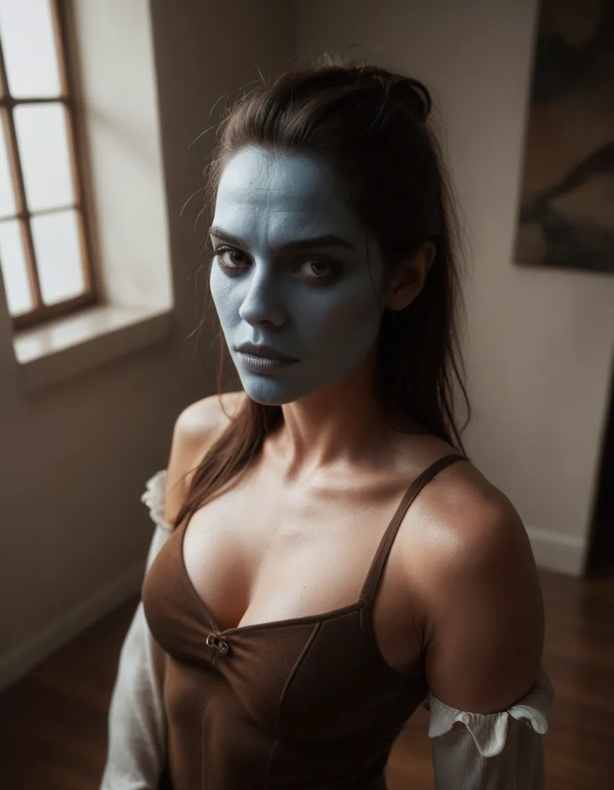 sharp focus, 8k uhd, 1other, colored skin, detached sleeves, futanari, indoors, from above, photorealistic, score_9, score_8, candid photo, realistic skin texture, visible skin pores, film grain, depth of field