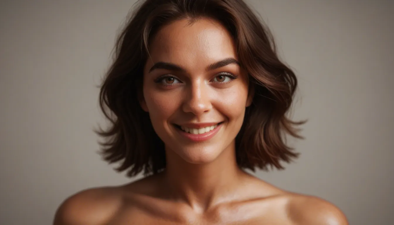 Big-breasted woman smiling, score_9, score_8, candid photo, realistic skin texture, visible skin pores, film grain, depth of field
