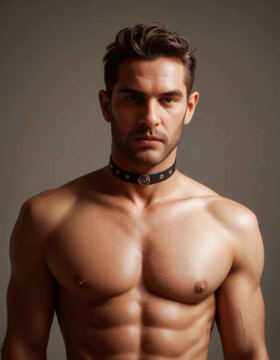cinematic photo, 8k, male focus, buttons, choker, topless, studio lighting, cinematic realism, score_9, score_8, candid photo, realistic skin texture, visible skin pores, film grain, depth of field
