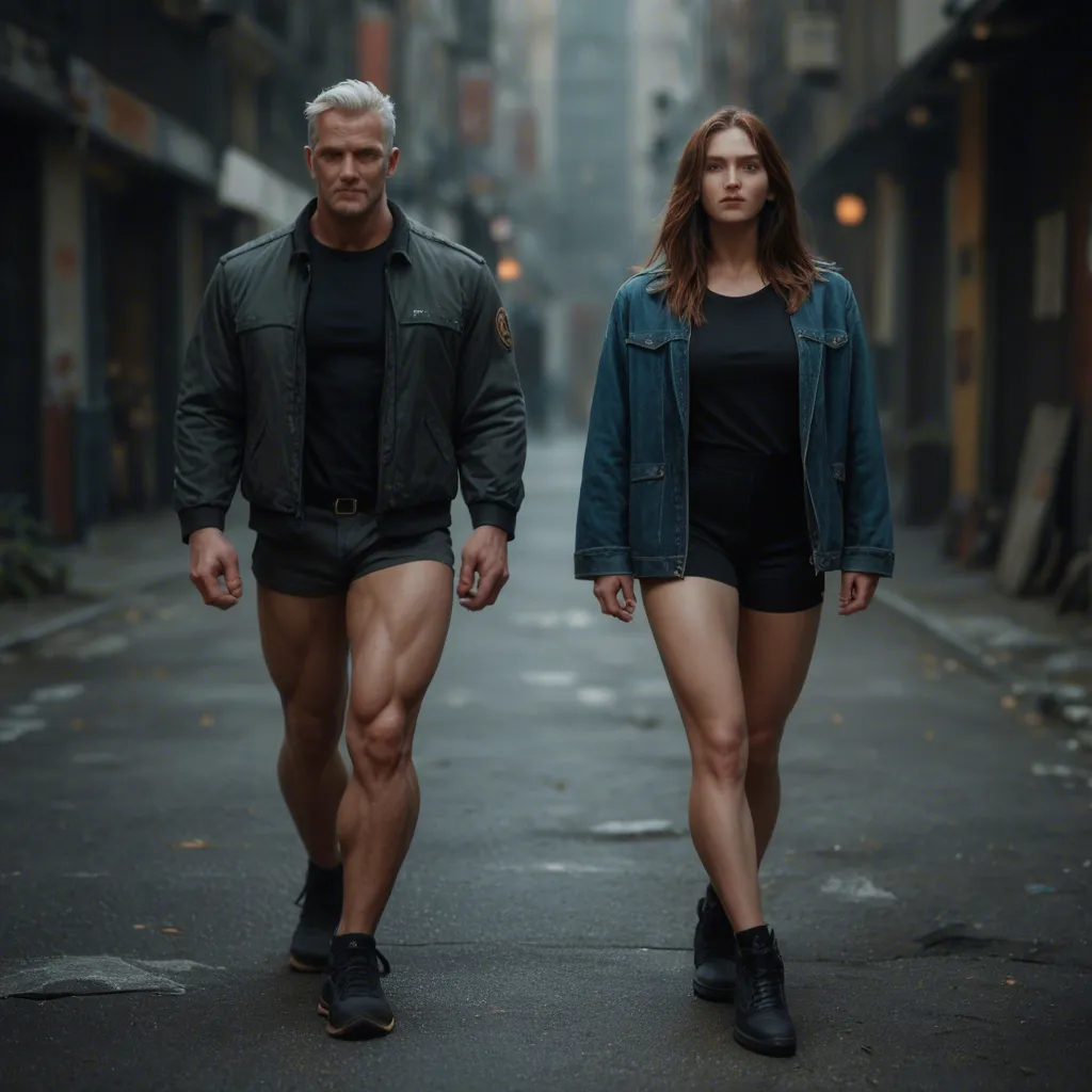 ultra HD, lifelike, 2girls, muscular male, jacket, leg up, full body, RAW photo