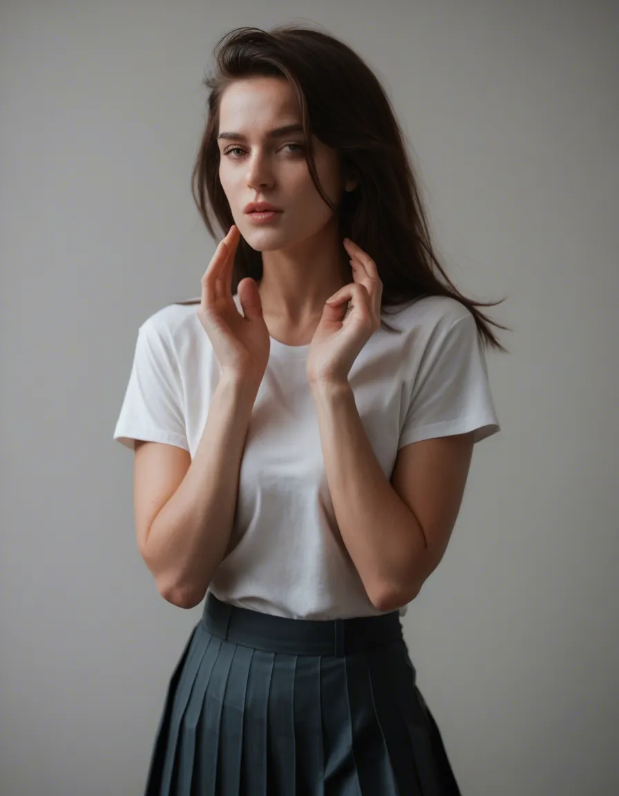 best quality, hyperrealistic, brunette woman, hands up, pleated skirt, creampie, dutch angle, warm tones, studio photo, score_9, score_8, candid photo, realistic skin texture, visible skin pores, film grain, depth of field