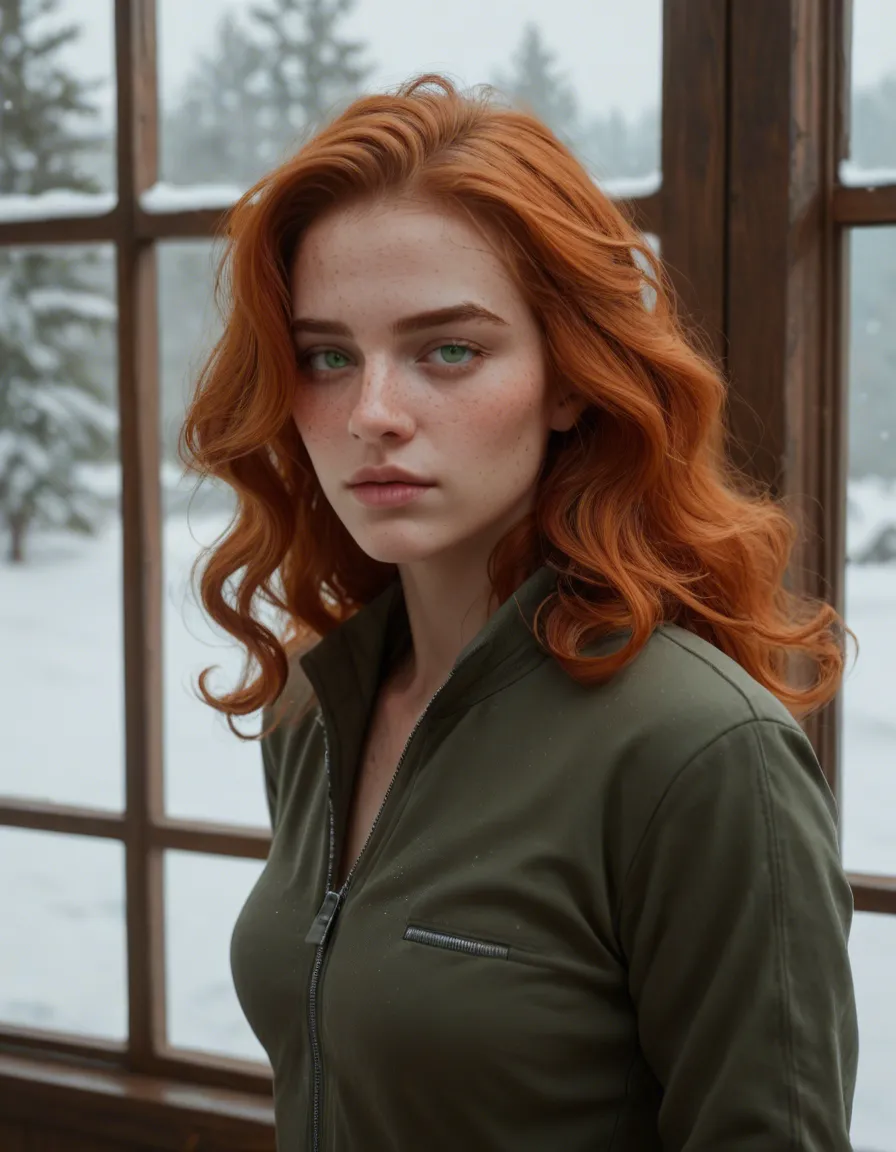 Sophia, fictional adult woman late 20s, long bright copper-red ginger wavy hair, fair lightly freckled skin, hazel green eyes, slender, apres-ski lodge, fitted ski base layer partly unzipped, lightly sweating, flushed humid skin, snowy window, seductive eye contact, tasteful sensual editorial, photorealistic, score_9, score_8, candid photo, realistic skin texture, visible skin pores, film grain, depth of field