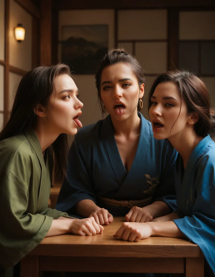 RAW photo, ultra realistic, 4women, s figurlime, japanese clothes, ahegao, table, side view, score_9, score_8, candid photo, realistic skin texture, visible skin pores, film grain, depth of field