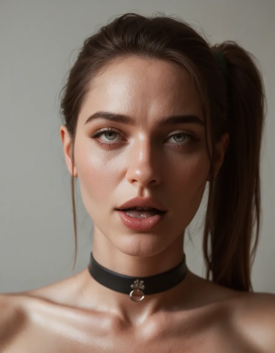 dslr, film grain, photorealistic, solo female, side ponytail, choker, ahegao, RAW photo, score_9, score_8, candid photo, realistic skin texture, visible skin pores, film grain, depth of field