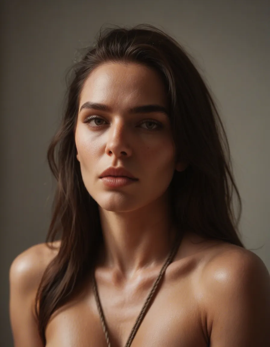 8k, sharp focus, detailed skin, 1woman, hourglass figure, food, bondage, portrait, warm tones, hyperrealistic, score_9, score_8, candid photo, realistic skin texture, visible skin pores, film grain, depth of field