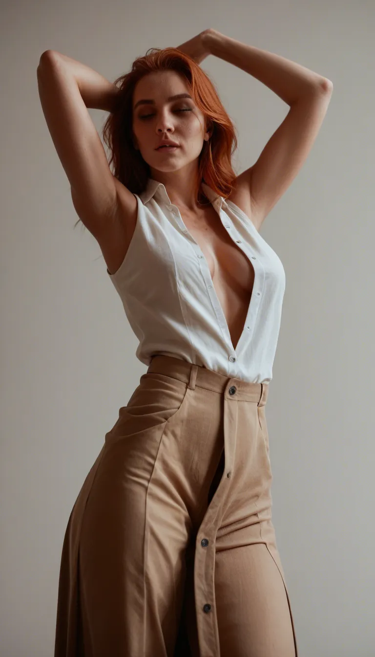 8k, sharp focus, detailed skin, redhead woman, Open buttons, sleeveless, dancing, teasing, gradient background, from below, 8k uhd photo