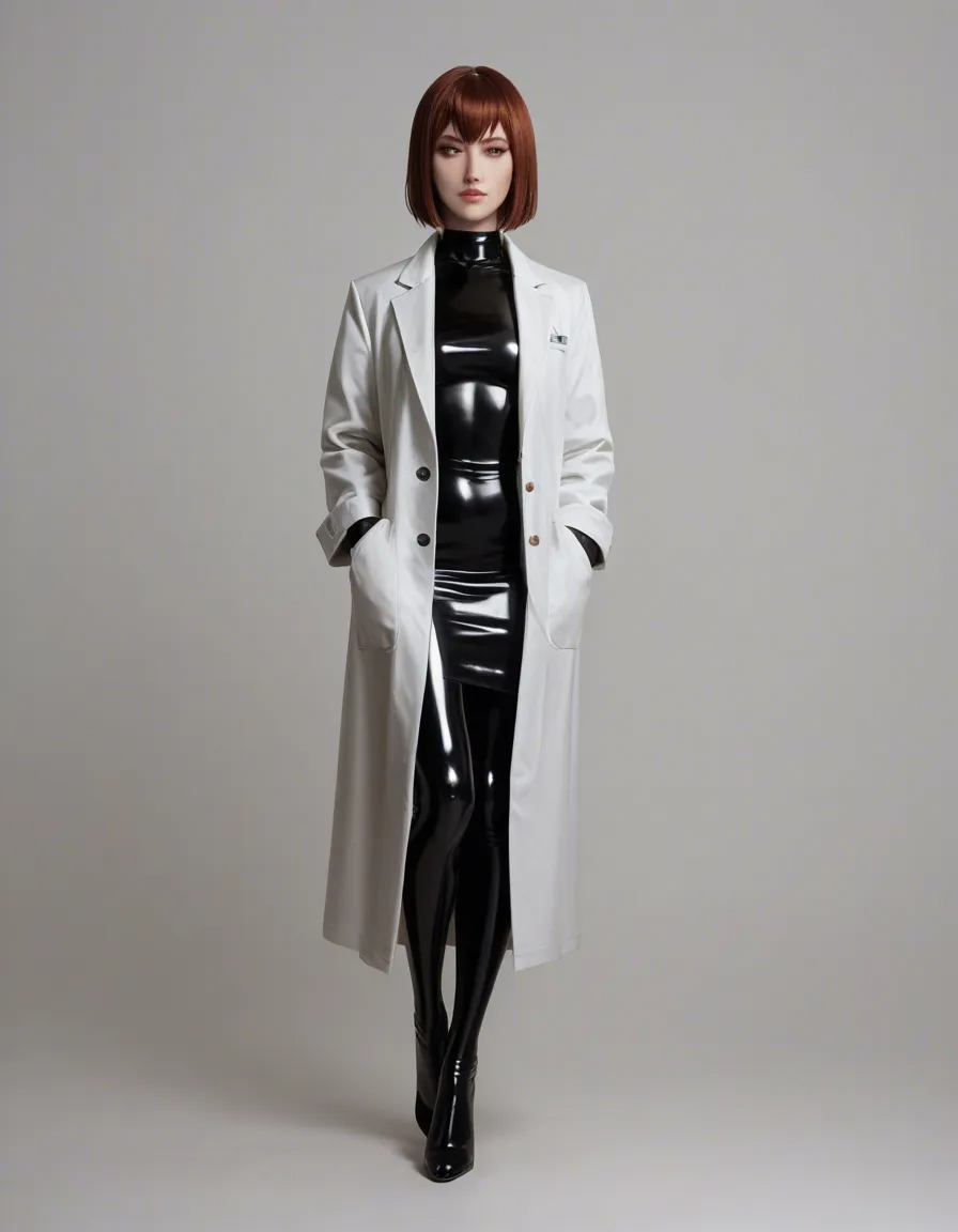 professional photo, high detail, #1girl #solo #portrait #pink_latex_dress #white_background @makise_kurisu looking_afar, coat, score_9, score_8, candid photo, realistic skin texture, full body, science lab coat, score_9, score_8, candid photo, realistic skin texture, visible skin pores, film grain, depth of field
