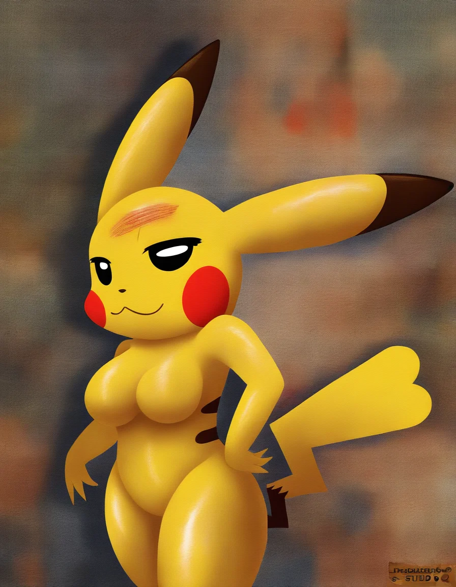 masterpiece, best quality, highly detailed, absurdres,
1girl, anthro, pikachu, yellow fur, black-tipped ears, red cheeks, large breasts, thick thighs, nude, seductive pose, looking at viewer, soft smile, detailed face, detailed eyes,
oil painting, heavy impasto, thick paint texture, visible brush strokes, palette knife marks, rich matiere, canvas texture, rough surface, tactile material feel, painterly, textured fur, textured skin,
dramatic
lowres, bad anatomy, bad hands, text, error, missing fingers, extra digit, fewer digits, cropped, worst quality, low quality, normal quality, jpeg artifacts, signature, watermark, username, blurry, smooth, flat, digital art, vector, plastic, glossy, clean lines, oversaturated, hentai_studio_quality