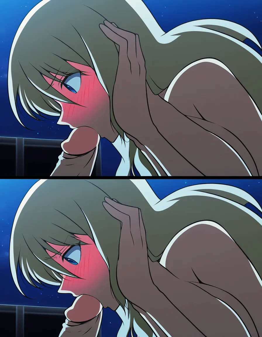 hentai_studio_quality, (anime style:1.3), 2d, anime screencap, cel shading, flat color. size_difference. 2girls. futa_with_female. side view. Taller futanari woman, hands_on_own_face, blushing, embarrassed, looking down at shorter girl, long blonde_hair, blue_eyes, naked,  performing fellatio on the futanari BREAK bedroom, night, hentai_studio_quality, hentai_studio_quality, hentai_studio_quality, hentai_studio_quality