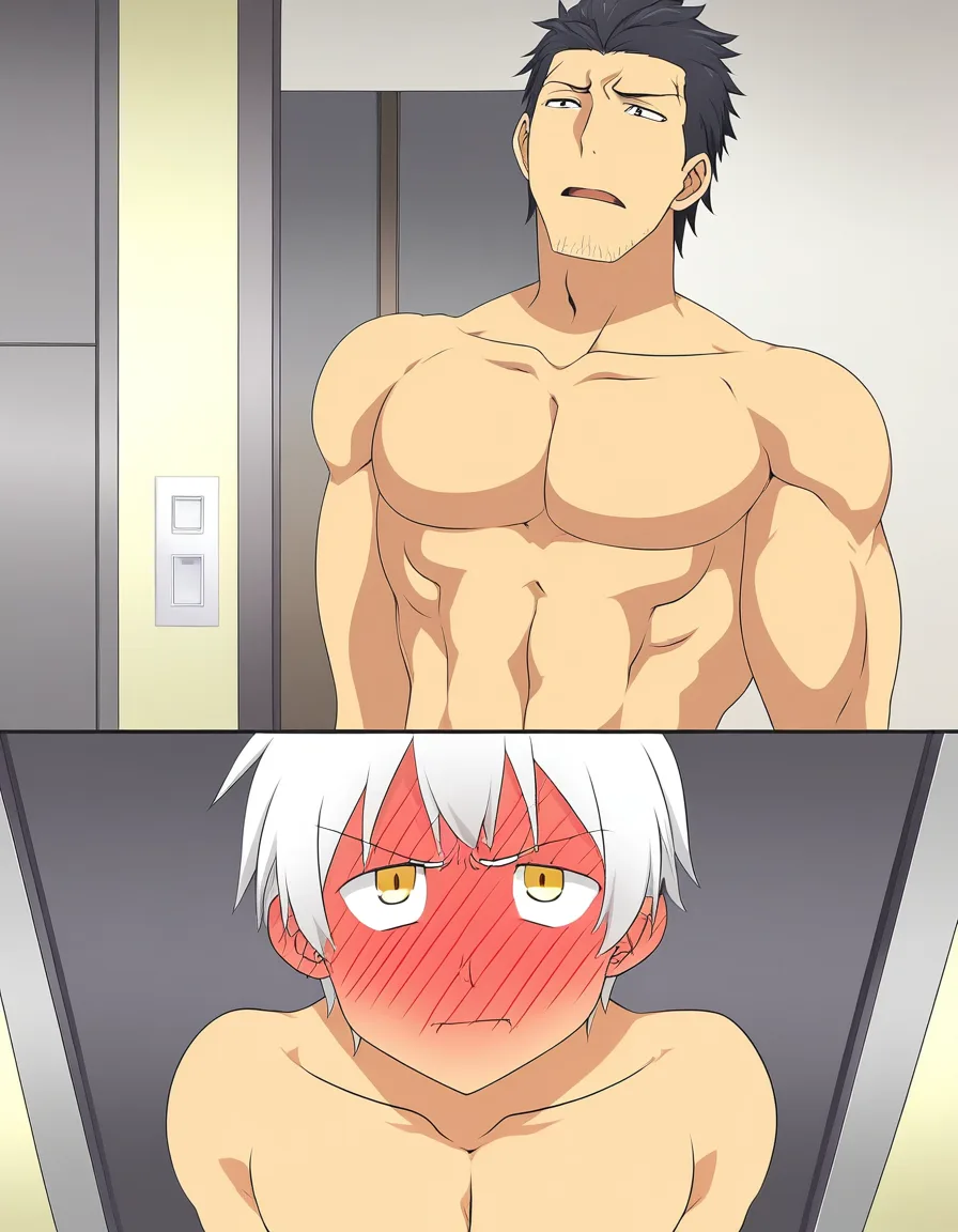 hentai_studio_quality, (anime style:1.3), 2d, anime screencap, cel shading, flat color. size_difference, yaoi, shorter boy, black_hair, black eyes, deressed casual, blushing, looking up at tall, handsome man, white hair, yellow_eyes, stubble, in topless_male, muscular, sweatpants, glaring down at him BREAK apartment front door, hentai_studio_quality, hentai_studio_quality, hentai_studio_quality, hentai_studio_quality, hentai_studio_quality, hentai_studio_quality