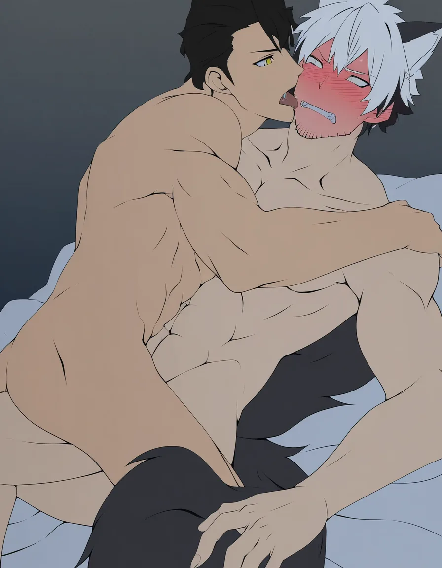 hentai_studio_quality, (anime style:1.3), 2d, anime screencap, cel shading, flat color. size_difference, yaoi. shorter boy, short black_hair, black eyes, dressed casual, blushing, laying on his back on a bed, torn_clothes, french kissing a tall, handsome man, white hair, yellow_eyes, wolf_ears, wolf_tail, fangs, stubble, topless_male, muscular, naked, ripping the other's clothes BREAK bedroom night, hentai_studio_quality, hentai_studio_quality, hentai_studio_quality, hentai_studio_quality, hentai_studio_quality