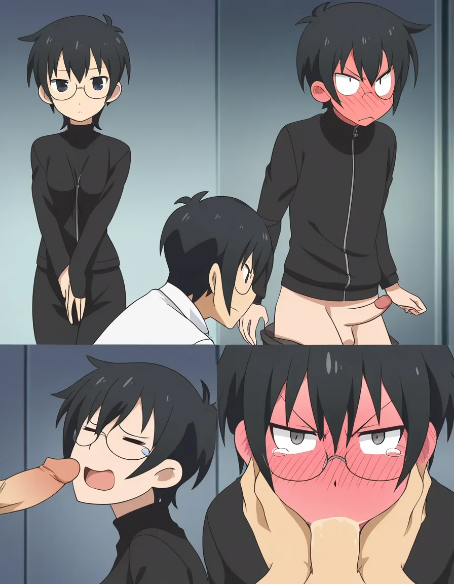 hentai_studio_quality, masterpiece quality, (anime style:1.3), 2d, anime screencap, cel shading, flat color. yaoi, fellatio, tall male with white_hair, grey_eyes, glasses, casual, pants down, blushing, angry, standing, hands on the head of shorter male, short_hair, black_hair, kneeling, dressed casually, deep throating the other male's penis, closed_eyes, tears, blushing., hentai_studio_quality
