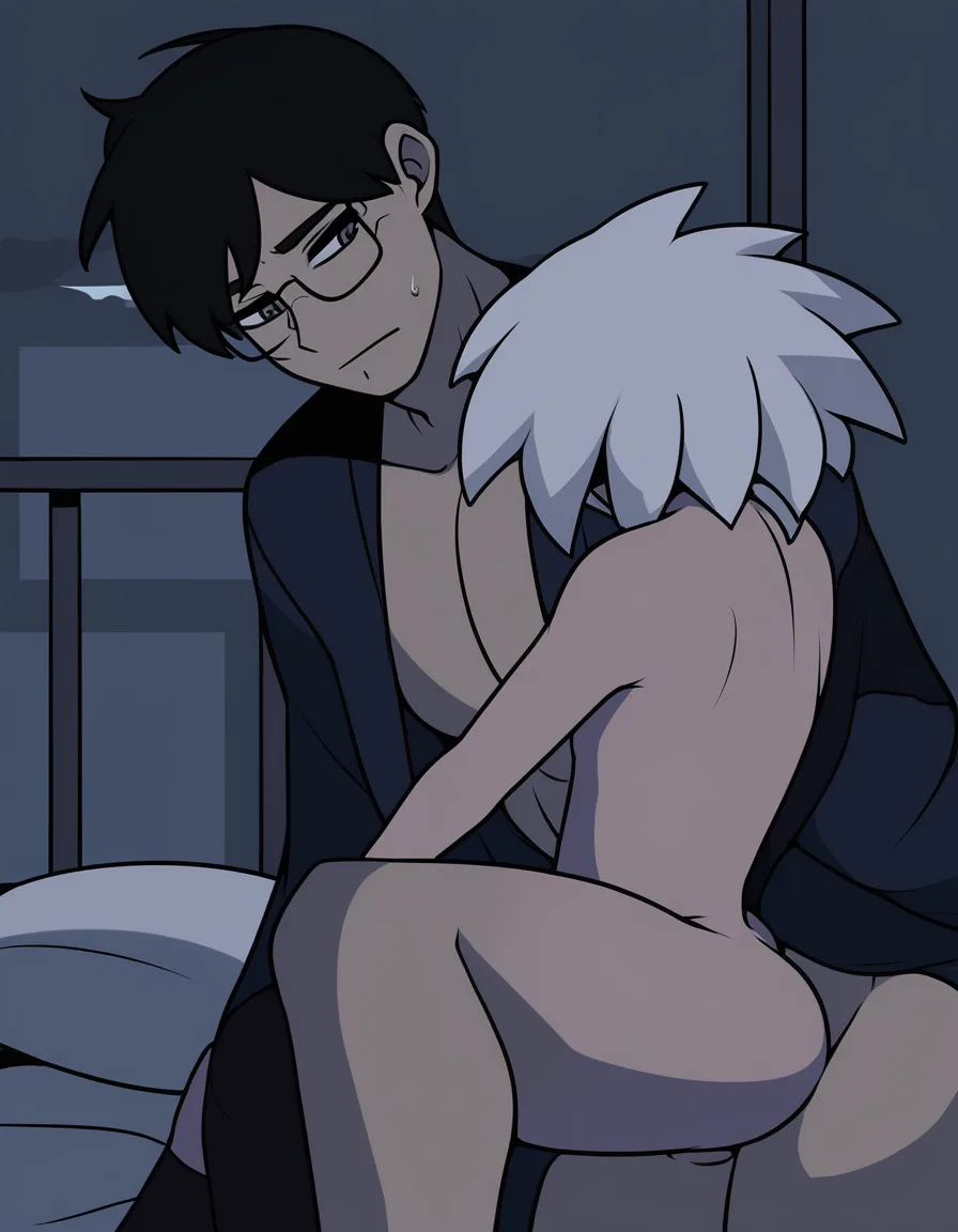 masterpiece, best quality, cel shading, flat color, yaoi, age_difference, size_difference, shorter male with black hair, black eyes, penetrating a taller, older man with white hair, bangs, grey eyes, glasses BREAK bedroom, night, hentai_studio_quality, hentai_studio_quality, hentai_studio_quality