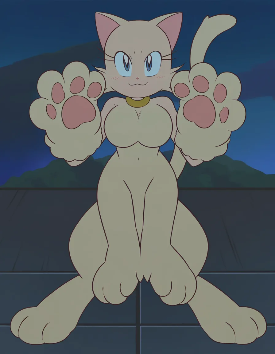 cat taur furry_female completely_nude fluffy furry warm_lighting paws neutral_shot, (anime style:1.3), 2d, anime screencap, cel shading, flat color