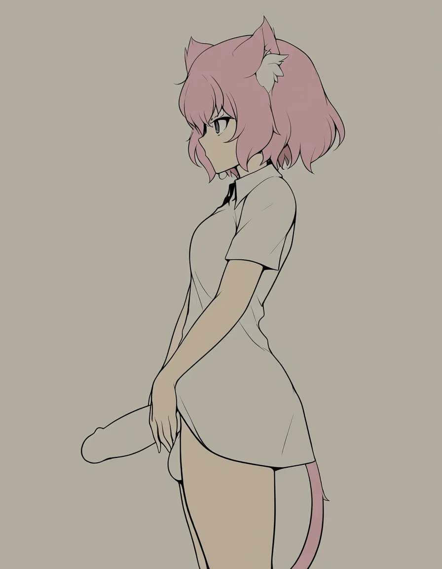 highly detailed, sharp, catgirl, collared shirt, futanari, side view, vivid anime colors, hentai_studio_quality