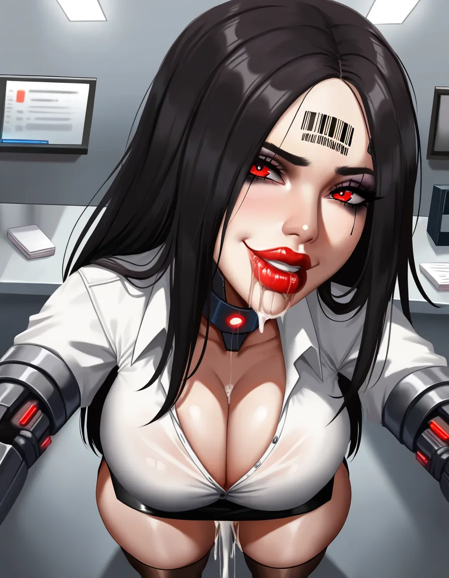 mechanical arms and legs robotic woman (white shirt, black leather miniskirt, long black fringe hair, makeup, red eyes, big_lips, electronic collar, barcode tattoo on her forehead, gigantic huge breasts, thick_thighs, cum leaking, smile, blank_eyes, drooling, standing up), FIRST PERSON VIEW, face to face. BREAK : white viewer. BREAK : in a office room, realistic., hentai_studio_quality
