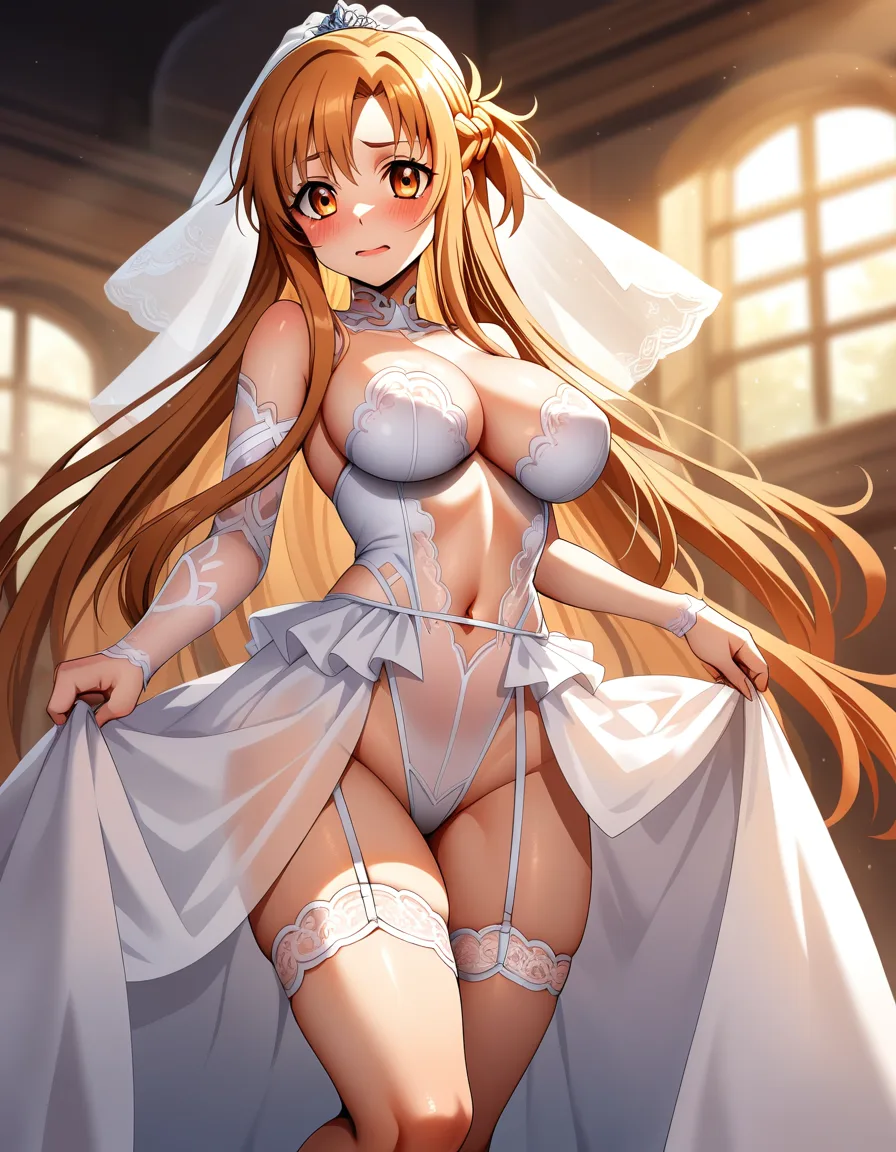 /masterpiece /highres /ultra_detailed @asuna_(sao) #bridal_garter #bridal_veil #wedding_dress #lace #revealing_clothes #embarrassed, hentai_studio_quality
