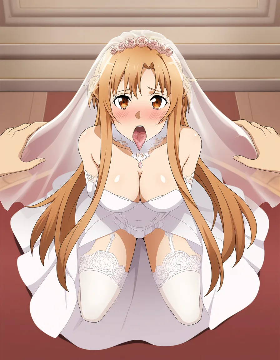 /masterpiece /highres /ultra_detailed @asuna_(sao) #pov #public_indecency #bridal_garter #bridal_veil #wedding_dress #lace #revealing_clothes #embarrassed #kneeling #bondage #fellatio, hentai_studio_quality
