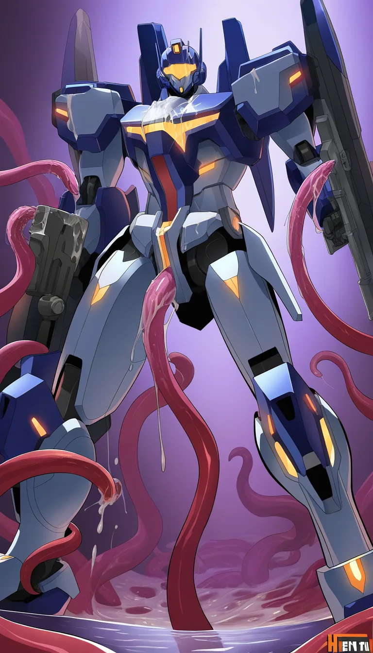 robot machine guard by gate,showing up tentacle from all side to robot and start fuck robot machine guard,tentacle move in body that robot from under down,another two grab his both gun,one tentacle close to front up part body and release cum on face visor in front place,two tentacle penetrate in both gun from front slime hanging on that gun of tentacle