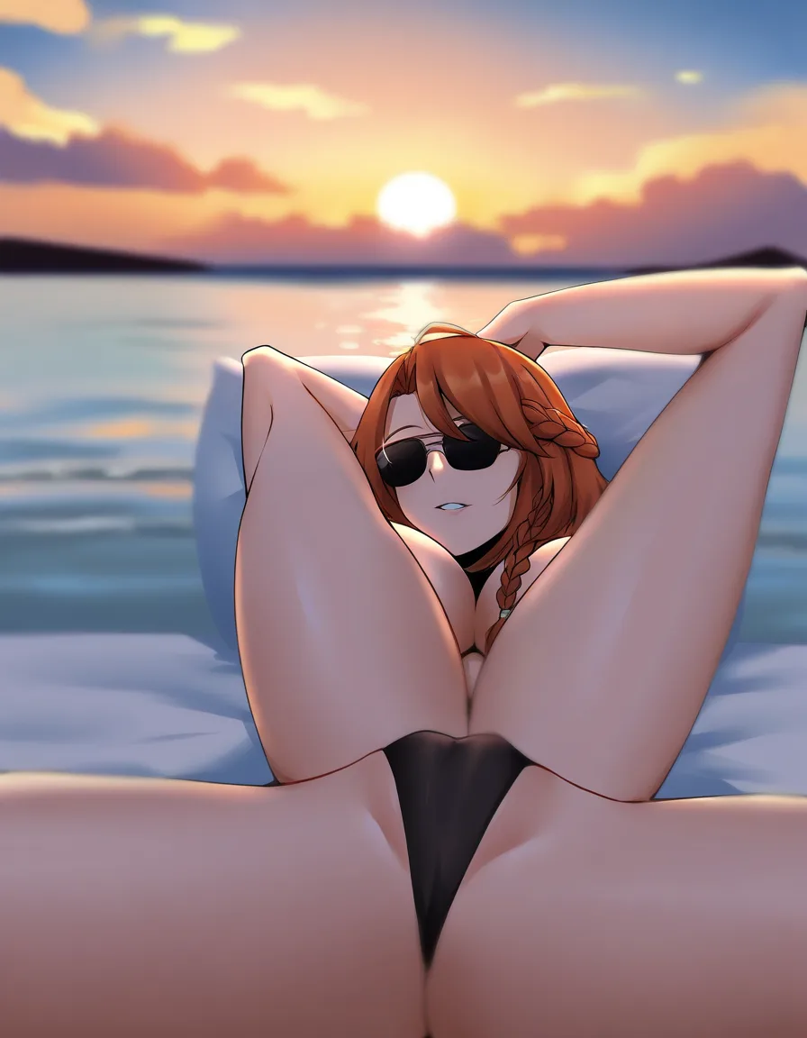 highres, vivid, solo female, missionary, sunglasses, braid, sky, eroge aesthetic, hentai_studio_quality