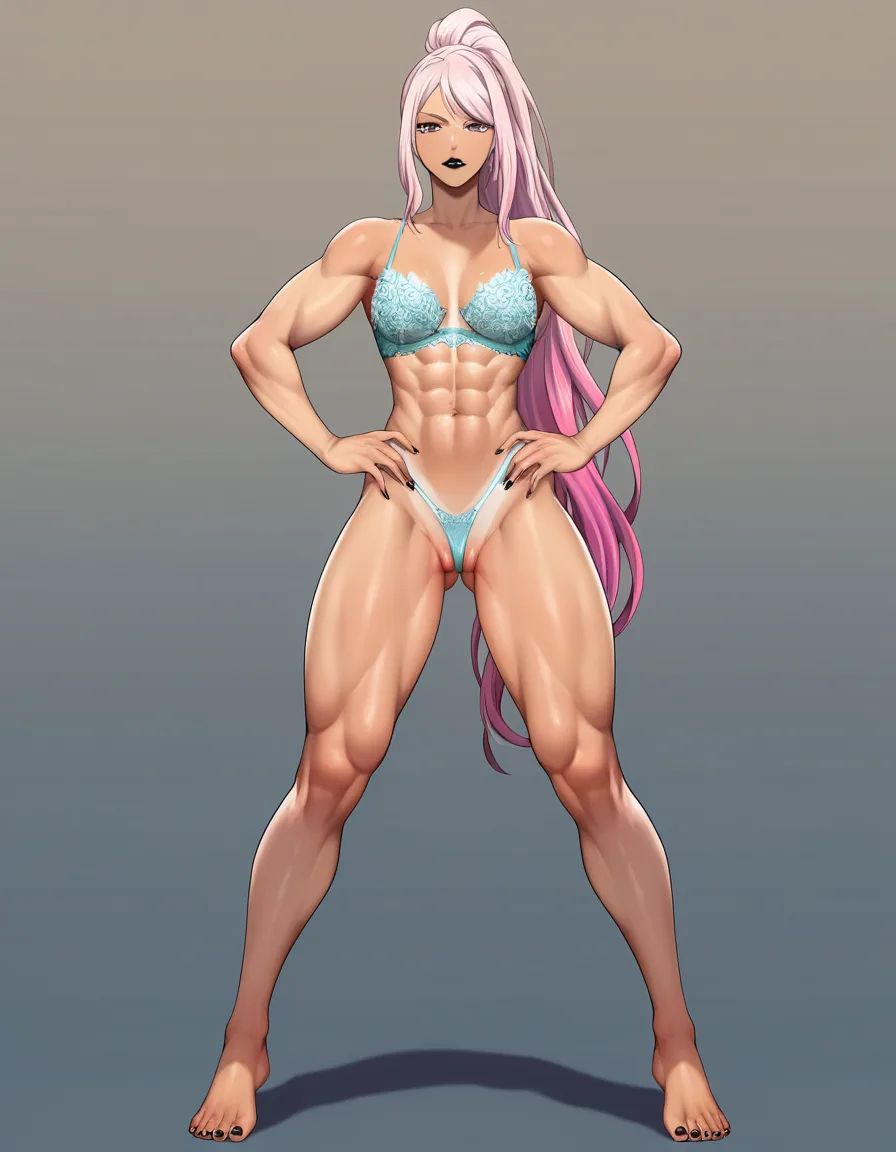 masterpiece, fine detail, explicit render, (light teal blue lingerie, thong, bra, lace,) (rose-pink hair, long_hair, high_ponytail,) royal purple_eyes, athletic, abs, partially_visible_vulva, standing, solo, 1girl, straight_hair, tan, straight-on, full_body, barefoot, black lipstick, black fingernails, black toenails,small_breasts, looking_at_viewer, looking_ahead, legs_apart, hentai_studio_quality, hentai_studio_quality, hentai_studio_quality
