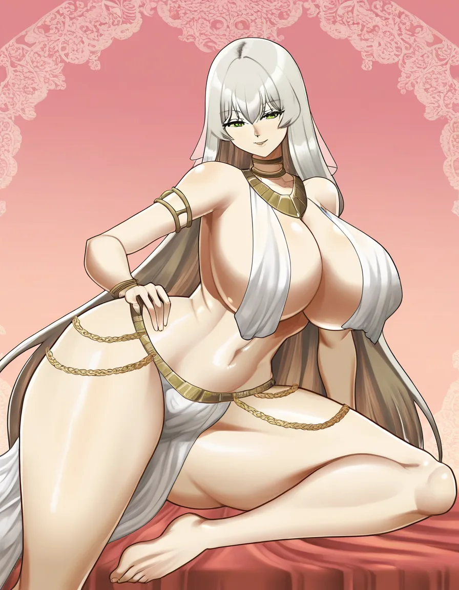 @Frieren wearing an extremely sexy original antiquity-inspired outfit of my choice: a translucent pearl-white silk stola with gold embroidered edges that drapes loosely over one shoulder and slips down the other, leaving deep cleavage and underboob almost exposed, a thin gold chain belt sitting low on the hips with dangling charms that frame the curves, high thigh slits revealing the full length of thick thighs, sheer fabric clinging tightly to a very voluptuous body with huge breasts, narrow waist and wide hips, soft smile on her face looking at the viewer, unique ultra-sexy ecchi pose: standing with her back slightly arched, one hand lightly pulling the slipping fabric at her hip while the other arm is raised above her head, weight shifted onto one leg so the curves of her ass and thighs are strongly emphasized, solid soft pink background, highly detailed anime illustration, intricate fabric folds, soft shiny skin highlights, elegant gold jewelry details, very ecchi atmosphere, hentai_studio_quality