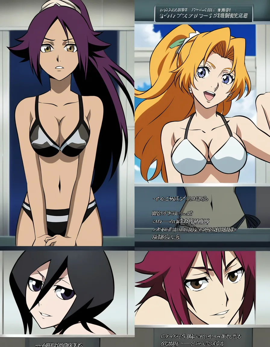 masterpiece, clean art, 4girls, bikini, doggy style, cowboy shot, visual novel art @matsumoto_rangiku @shihouin_yoruichi @kuchiki_rukia @orihime, hentai_studio_quality, (anime style:1.3), 2d, anime screencap, cel shading, flat color, @00osamio00