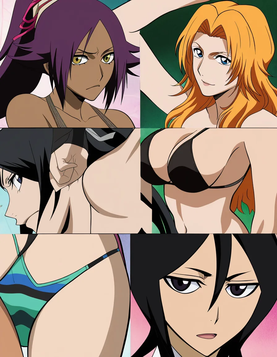 masterpiece, clean art, 4girls, bikini, doggy style, cowboy shot, visual novel art @matsumoto_rangiku @shihouin_yoruichi @kuchiki_rukia, (anime style:1.3), 2d, anime screencap, cel shading, flat color