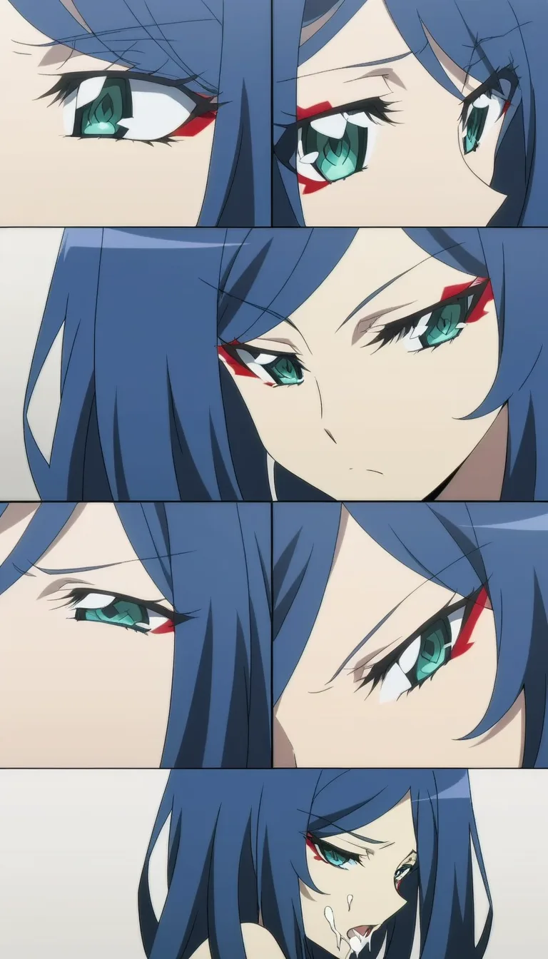 japanese woman, goth, midnight blue hair, seductive expression, eyeliner makeup, kneeling close, sucking a mans dick, blowjob, eager focused expression, cheeks hollowed, eyes looking up at viewer, side view, detailed face, soft lighting, cum running out of her mouth