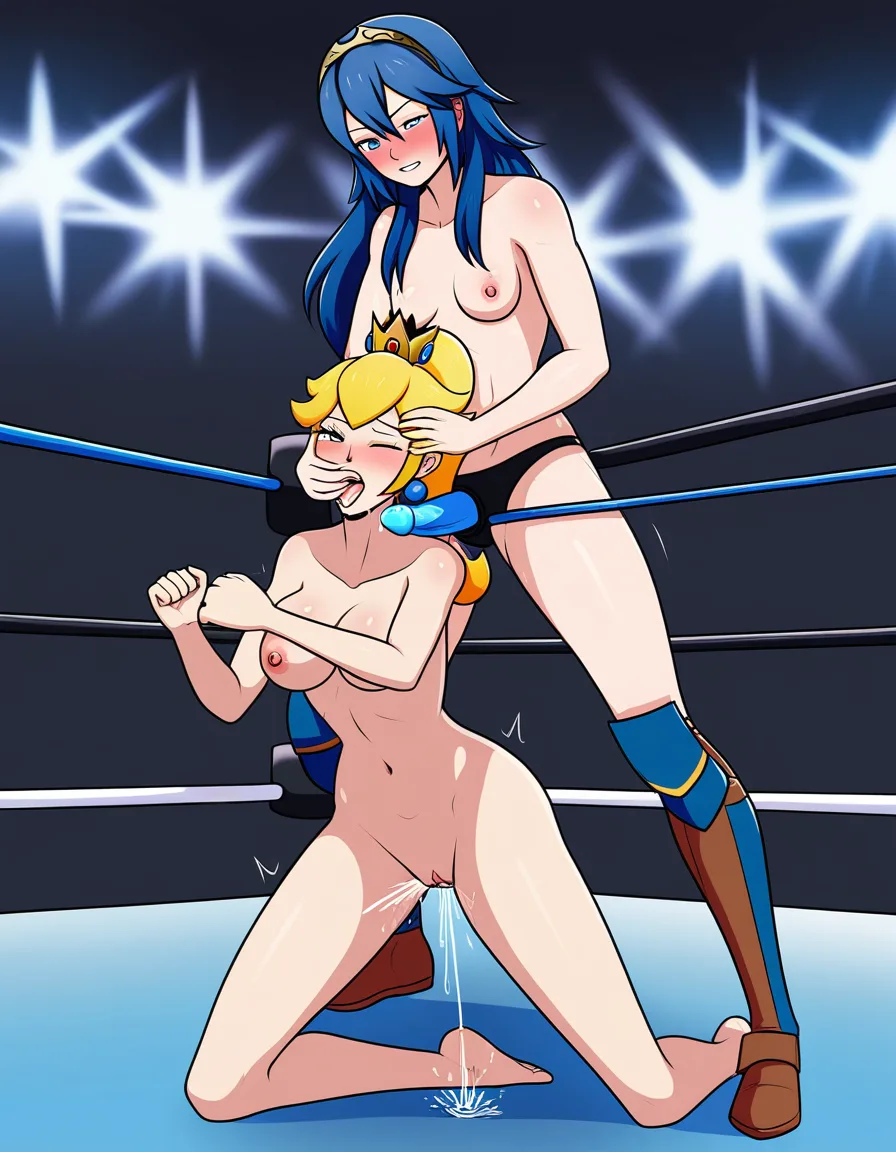 2girls , Best_quality, ultra_detailed, @princess_peach , @lucina_(fire_emblem) , yuri sex ,wrestling_ring wrestling defeated, pussy_juice squirting orgasm , wince , oral strap-on-fellation, head_grab kneeling,,,,, hentai_studio_quality, hentai_studio_quality