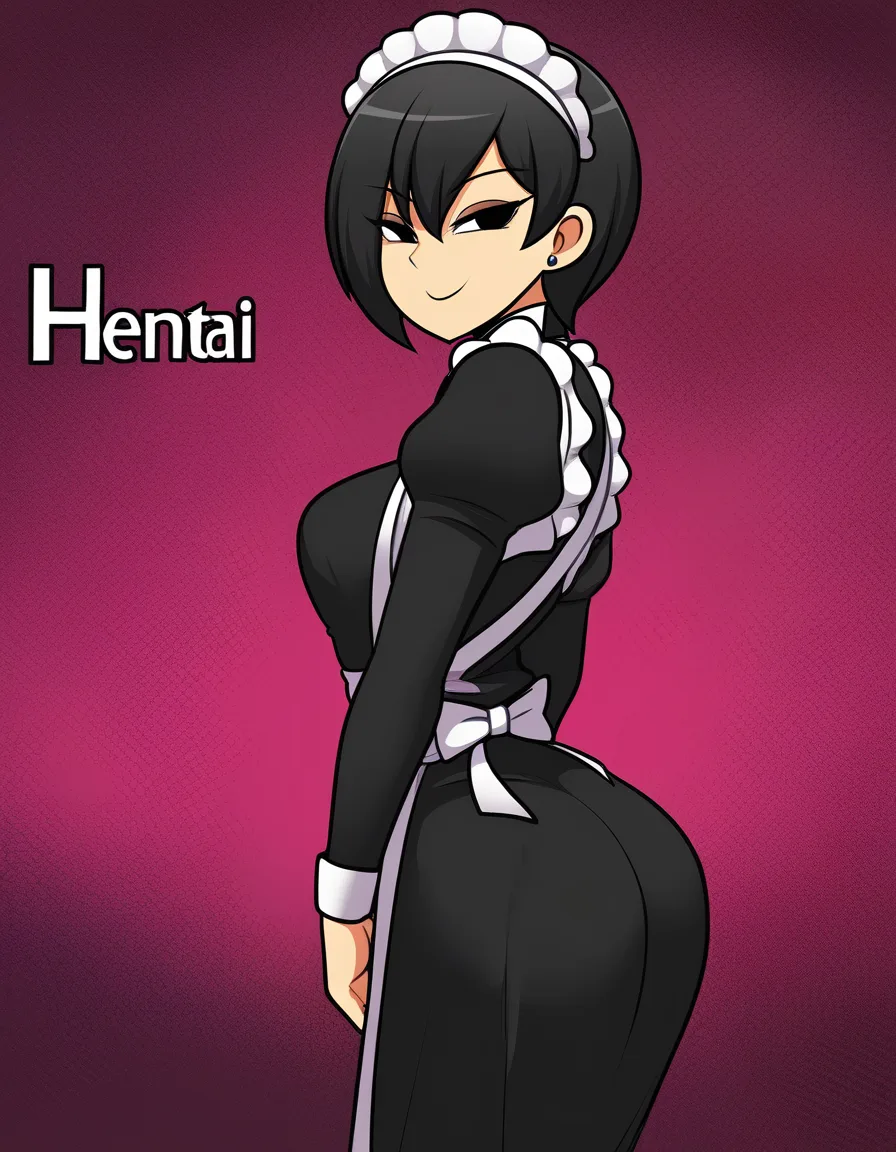 A maid, with a black short hairstyle, short hair,black_eyes , impregnated, seductive_smile, hentai_studio_quality