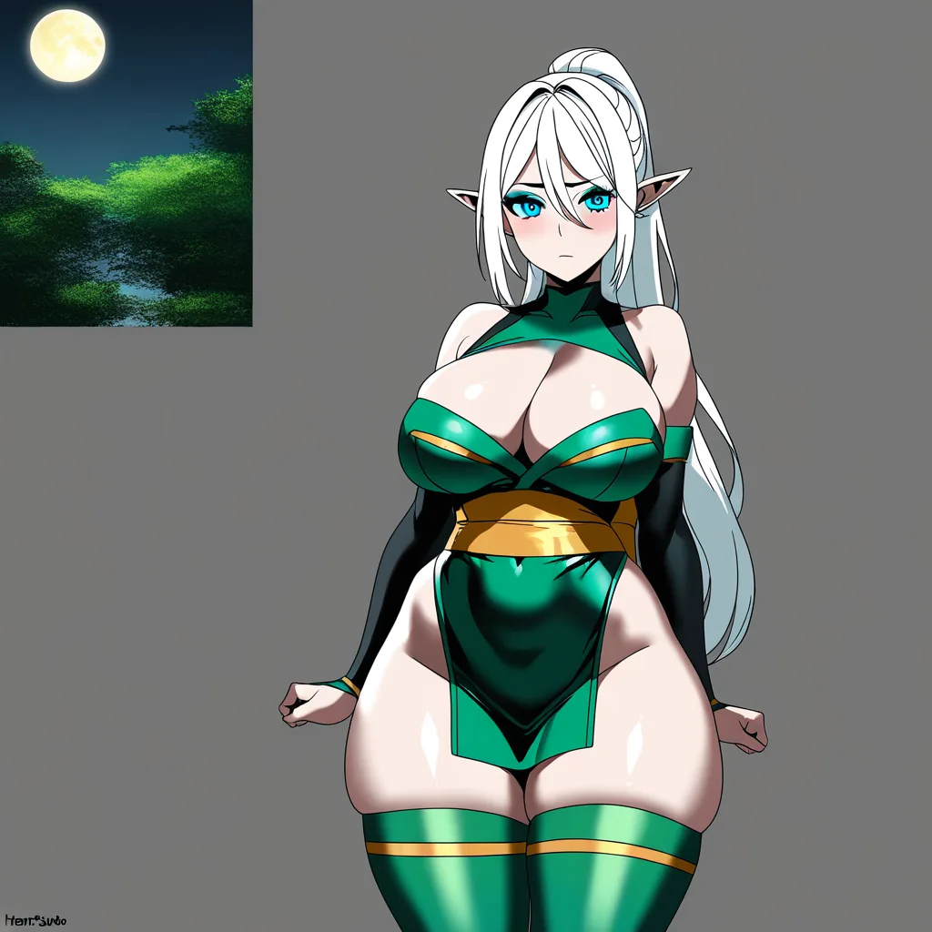 Anime mortal kombat big breasts wide hips Chameleon light blue eyes pale skin white hair sea green Revealing ninja outfit in a jungle at night low lighting full moon