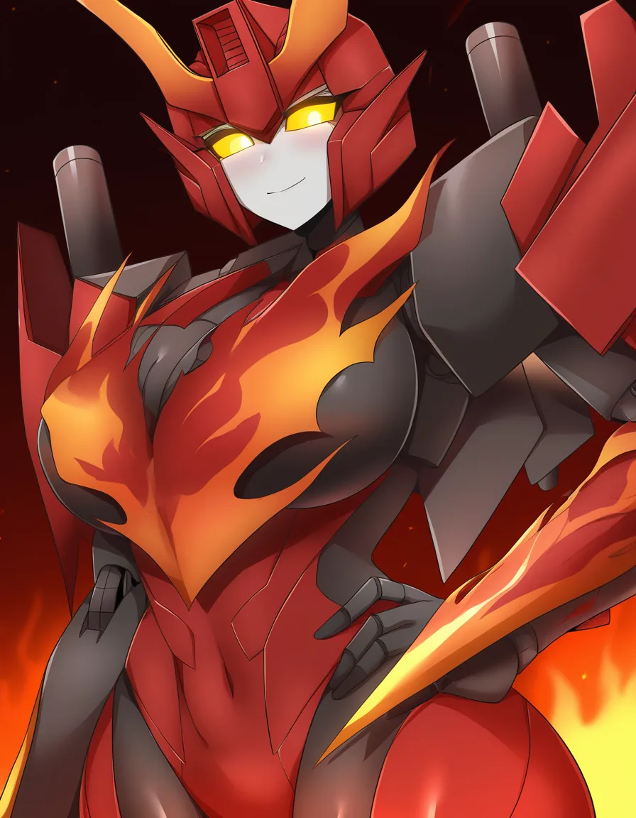 Anime transformers flame war big breasts wide hips yellow eyes pretty face female robot red and black bio organic armor flame decal in a room at night low lighting, hentai_studio_quality