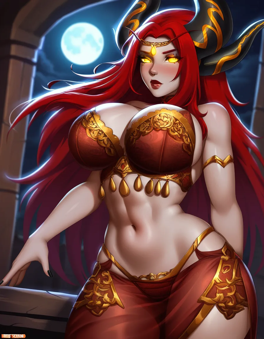 Anime world of warcraft alexstrasza big breasts wide hips yellow eyes light skin red hair curved black horns red and gold lingerie in a Temple at night Low lighting full moon deep throat, hentai_studio_quality