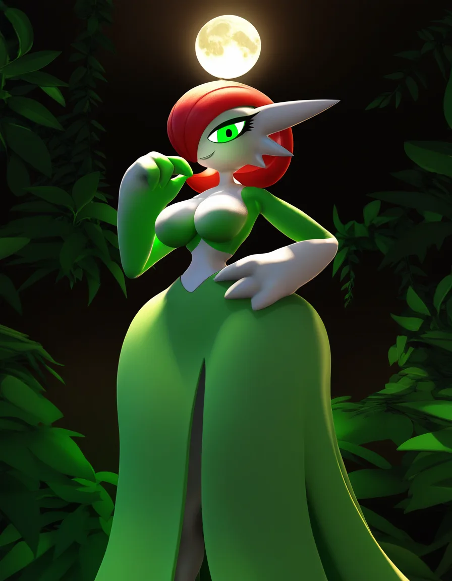 Anime gardevoir as poison ivy big breasts wide hips green eyes white skin red hair green plant leaf leonard in a jungle at night low lighting full moon sexy pose hand on hip Seductive smile, score_9, score_8, 3d render, octane render, subsurface scattering, ray tracing, smooth shading
