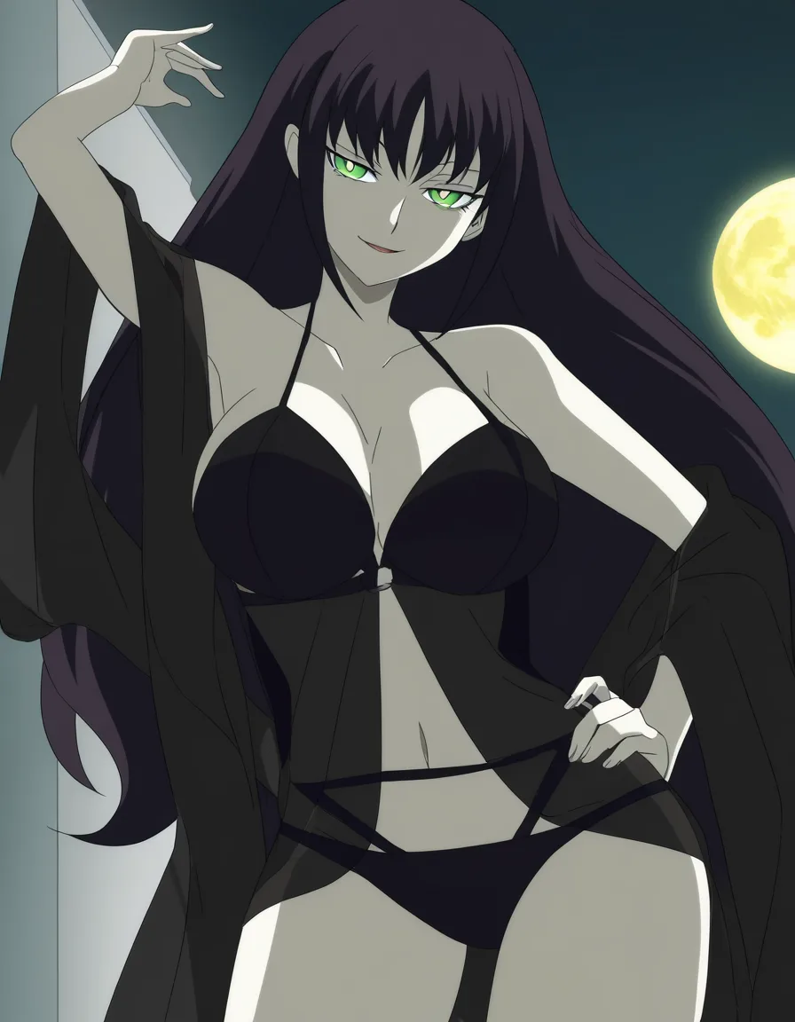 Anime men in black serleena big breasts wide hips green eyes pale skin dark hair black lingerie Transparent gray shawl in a room at night low lighting full moon sexy pose hand on hip Seductive smile, hentai_studio_quality, (anime style:1.3), 2d, anime screencap, cel shading, flat color, @00osamio00