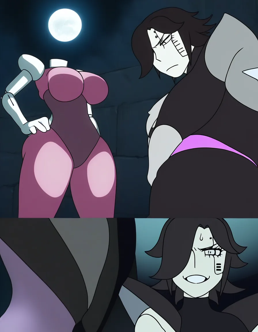 Anime undertale female mettaton big breasts wide hips hot pink white skin black hair cyborg black and hot pink outfit in a room at night low lighting full moon, hentai_studio_quality, score_9, score_8, 3d render, octane render, subsurface scattering, ray tracing, smooth shading, (anime style:1.3), 2d, anime screencap, cel shading, flat color, @00osamio00, (anime style:1.3), 2d, anime screencap, cel shading, flat color, hentai_studio_quality