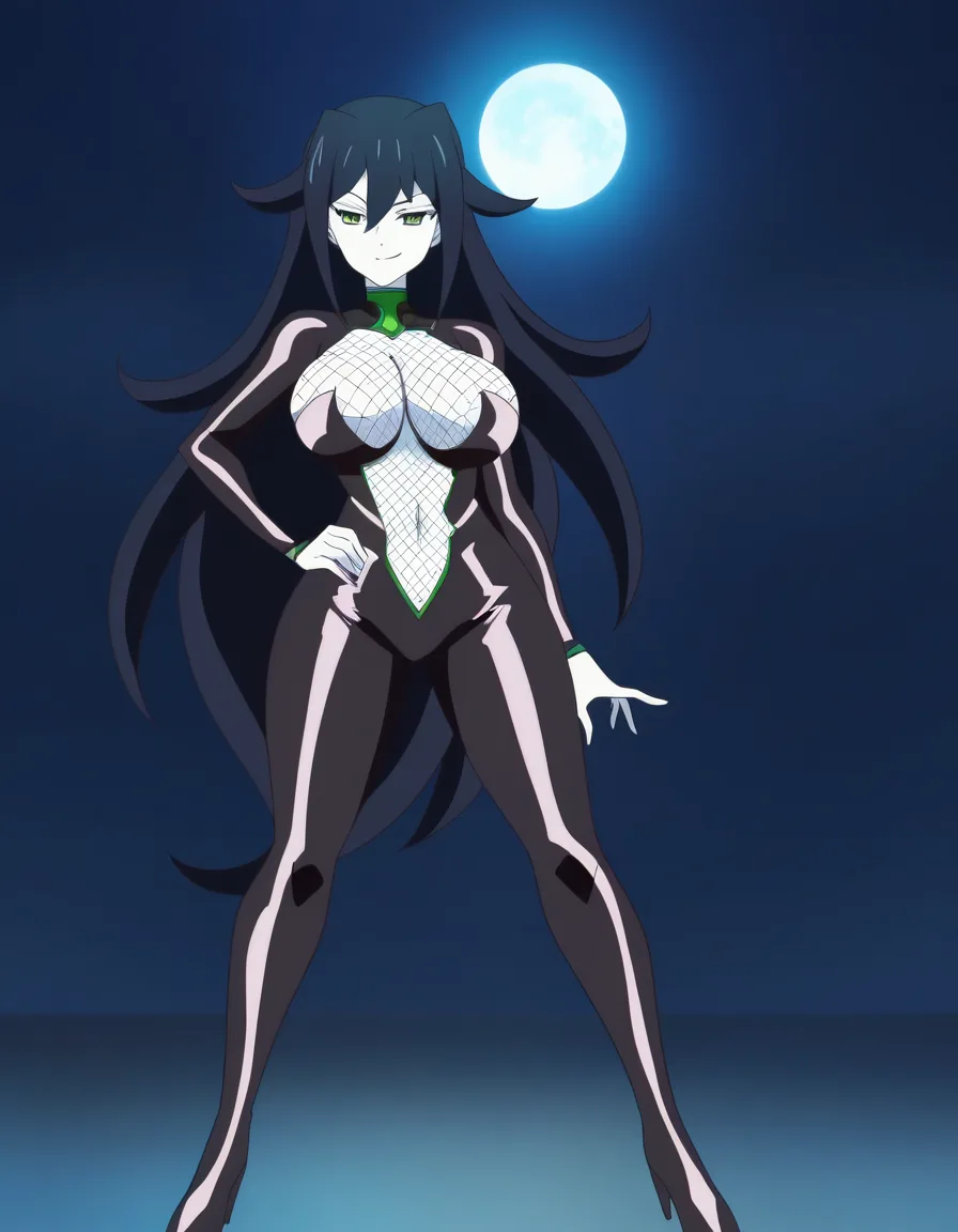 Anime serleena big breasts wide hips green eyes pale skin dark hair full body fishnets body suit in a room at night low lighting full moon sexy pose hand on hip Seductive smile, hentai_studio_quality, (anime style:1.3), 2d, anime screencap, cel shading, flat color