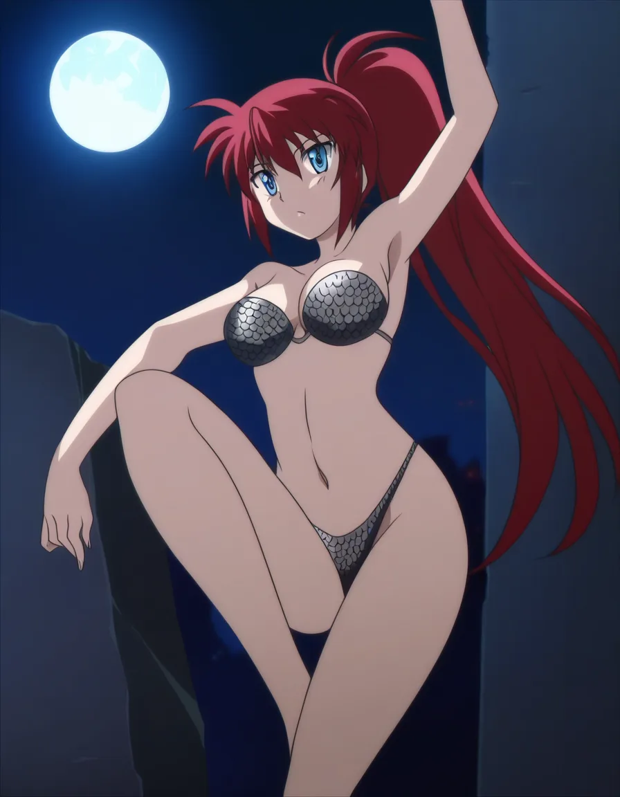 Anime red sonja blue eyes light skin long red hair silver chainmail bikini in a room at night low lighting full moon, hentai_studio_quality, (anime style:1.3), 2d, anime screencap, cel shading, flat color, hentai_studio_quality