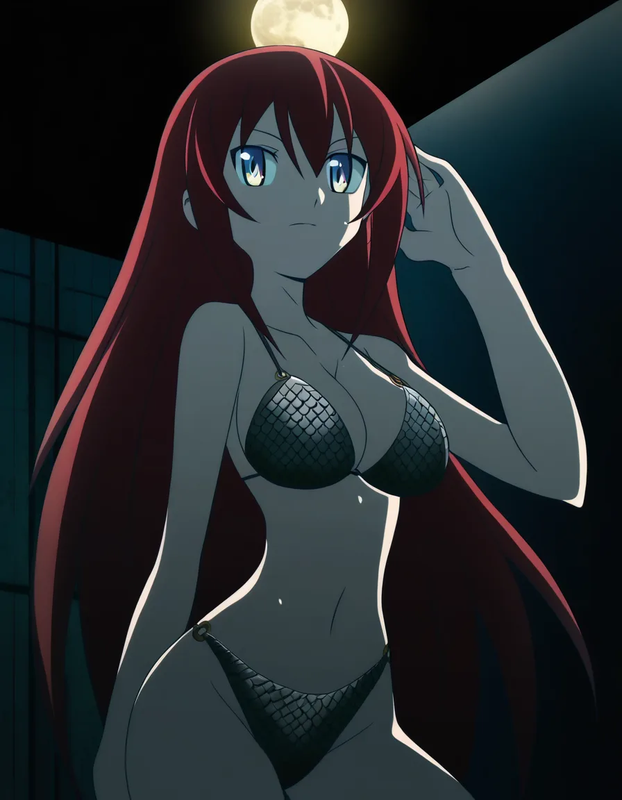 Anime red sonja blue eyes light skin long red hair silver chainmail bikini in a room at night low lighting full moon, hentai_studio_quality, (anime style:1.3), 2d, anime screencap, cel shading, flat color, hentai_studio_quality, (anime style:1.3), 2d, anime screencap, cel shading, flat color, @00osamio00