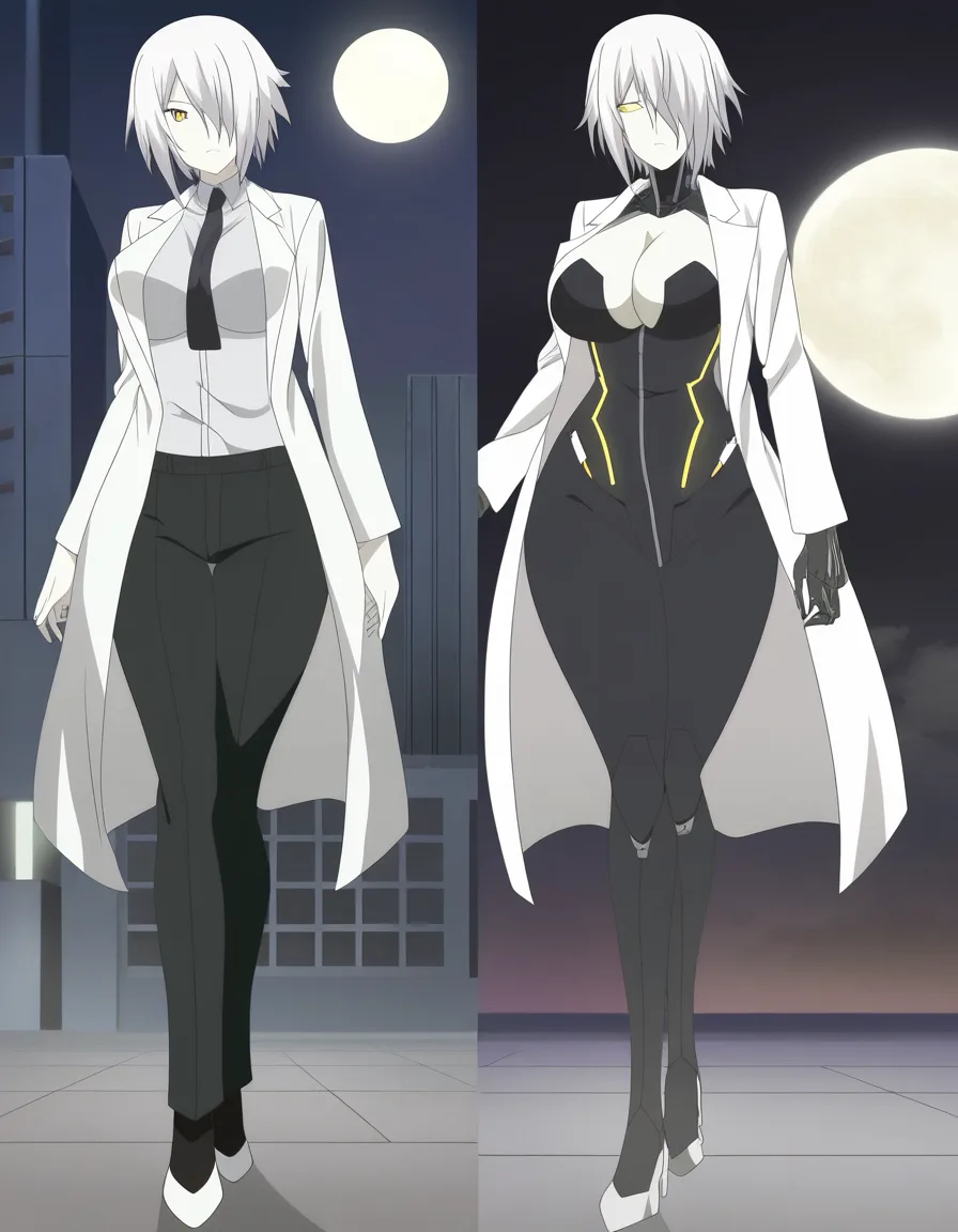 Anime glados big breasts wide hips yellow eyes pale skin white hair white Lab coat white heels black pants Cleavage cyborg in a room at night low lighting full moon one eye covered by hair, hentai_studio_quality, (anime style:1.3), 2d, anime screencap, cel shading, flat color