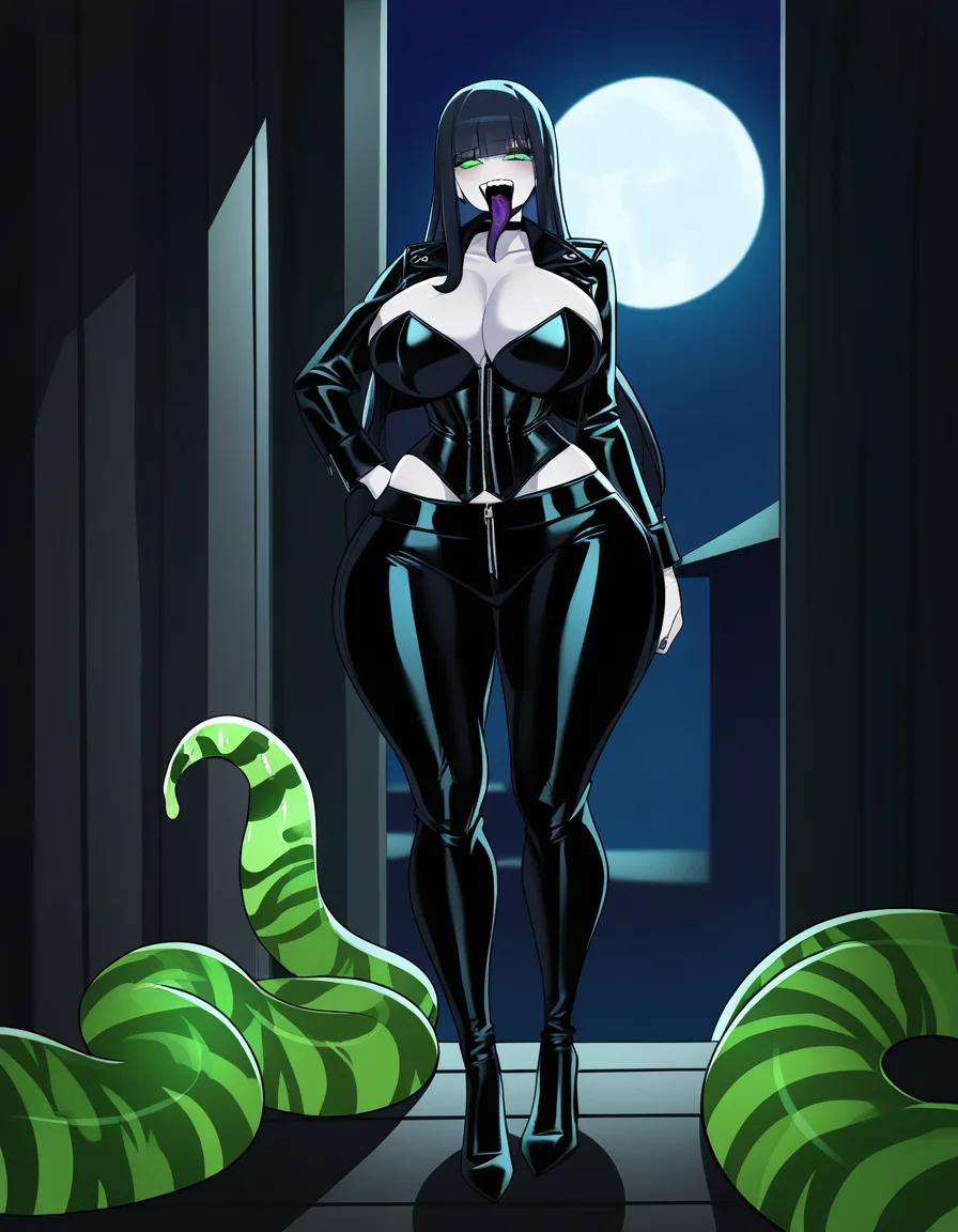 Anime serleena big breasts wide hips green eyes pale skin dark hair black leather jacket black corset black leather pants black heels in a room at night low lighting full moon with a long green striped tentacle tongue coming out of her mouth, hentai_studio_quality