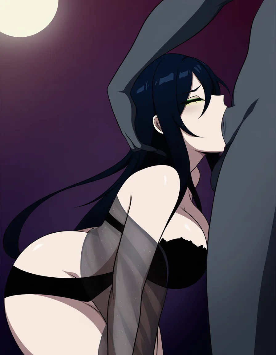 Anime serleena big breasts wide hips green eyes pale skin dark hair black lingerie See through gray shawl in a room at night low lighting full moon eyes closed deep throat All the way to the base 69 Position, hentai_studio_quality