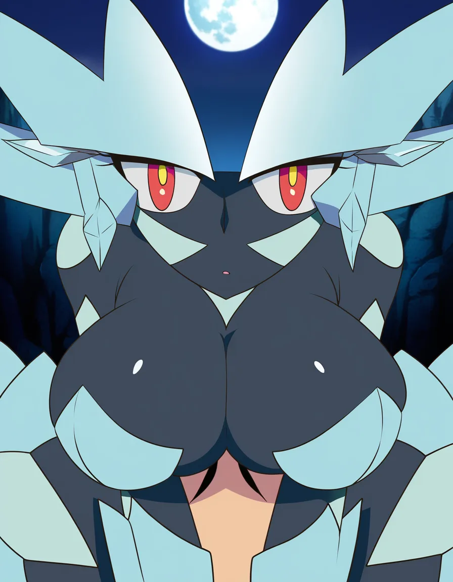 Anime sonic female mephiles big breasts wide hips black body light blue crystal spikes red eyes yellow Pupils in a room at night low lighting full moon eyes closed deep throat All the way to the base, hentai_studio_quality, (anime style:1.3), 2d, anime screencap, cel shading, flat color