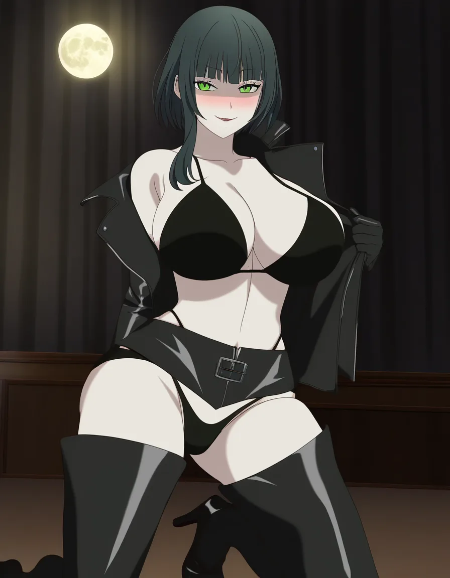 Anime serleena big breasts wide hips green eyes pale skin dark hair black lingerie opened black leather jacket flashing her beasts black leather pants black heels in a room at night low lighting full moon Seductive smile Blushing a little, hentai_studio_quality, score_9, score_8, 3d render, octane render, subsurface scattering, ray tracing, smooth shading, (anime style:1.3), 2d, anime screencap, cel shading, flat color, @00osamio00