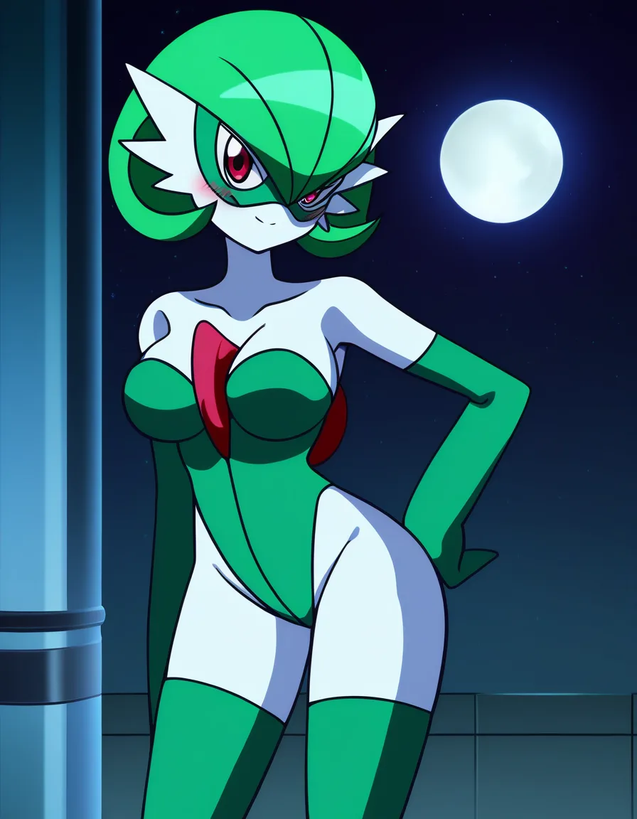 Anime gardevoir as a super hero big breasts wide hips red eyes white skin green hair green Domino mask Green leotard green Thigh high boots Long green gloves in a room at night low lighting full moon soft smile Blushing a little, hentai_studio_quality, (anime style:1.3), 2d, anime screencap, cel shading, flat color
