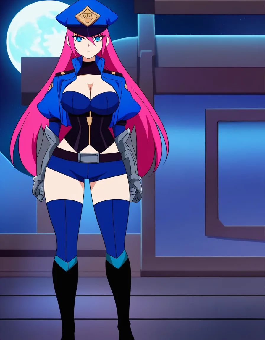 Anime league of legends officer VI big breasts wide hips blue eyes light skin hot pink hair blue jacket black corset blue booty shorts black boots big metal gauntlets blue police hat showing Middrift Cleavage in a room at night low lighting full moon, hentai_studio_quality, (anime style:1.3), 2d, anime screencap, cel shading, flat color